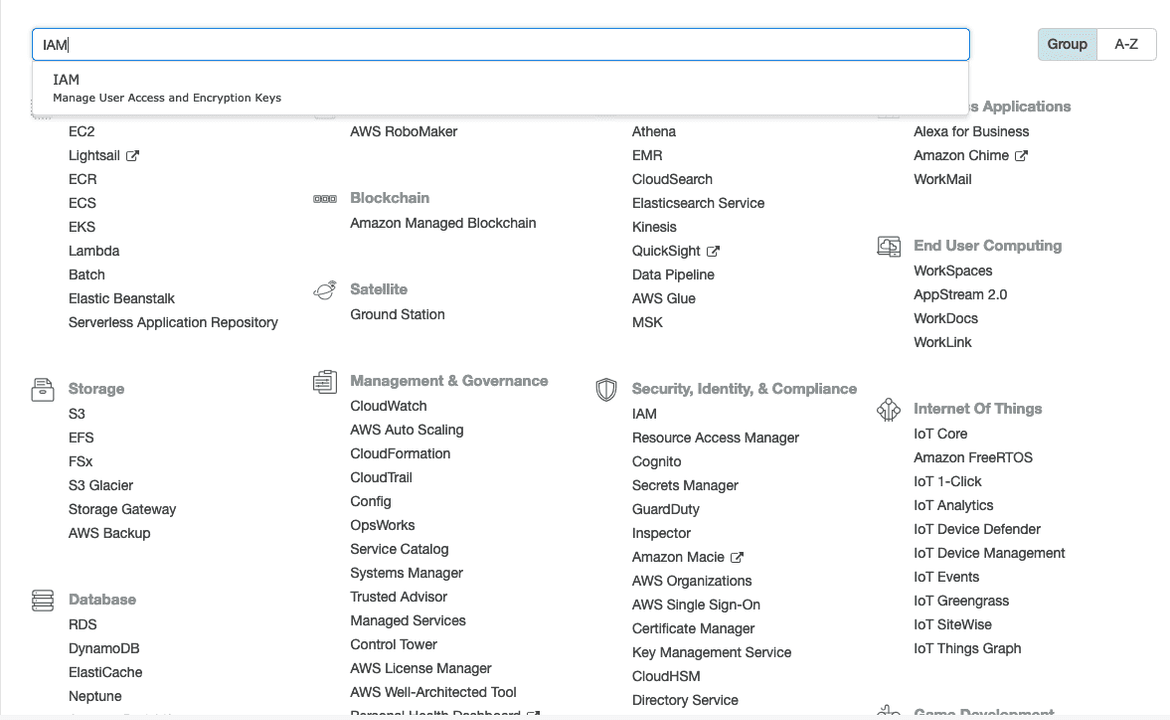 AWS console looking for IAM service